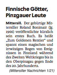 Bericht über Roland Bonimair / Zum Goldenen Rentier in den Mittersiller Nachrichten 1/21 vom Jänner 2021